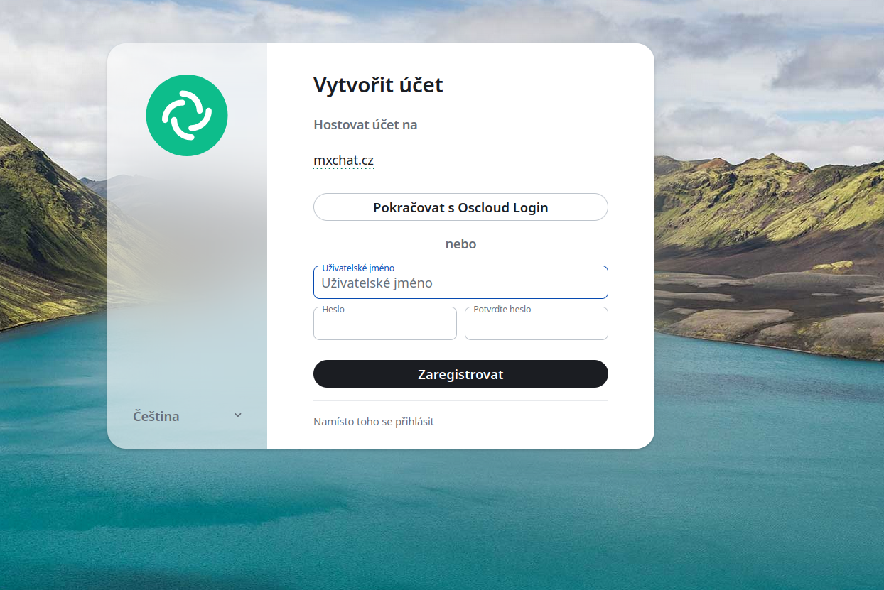 Formulář pro vytvoření účtu na mxchat.cz