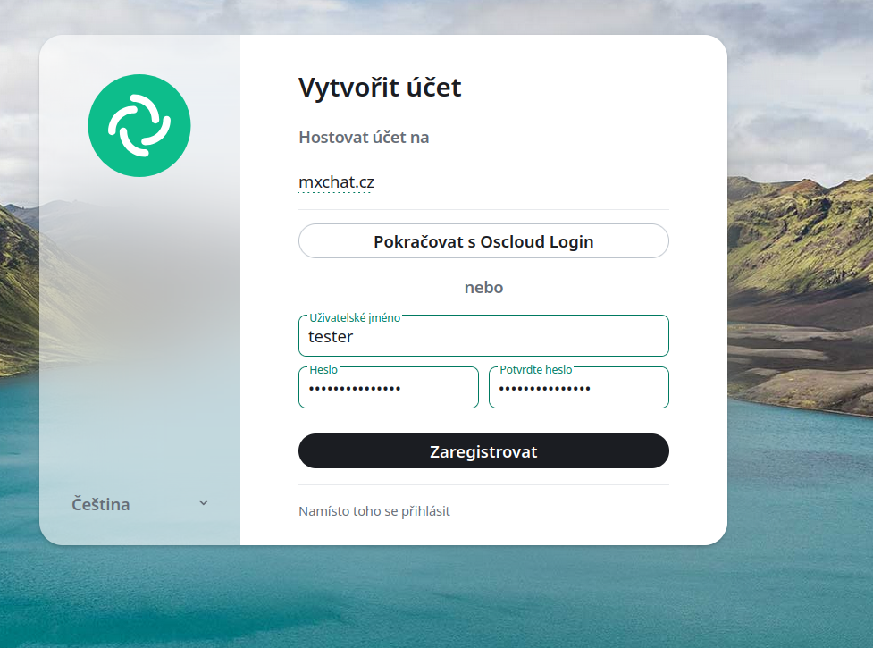 Vyplněný registrační formulář