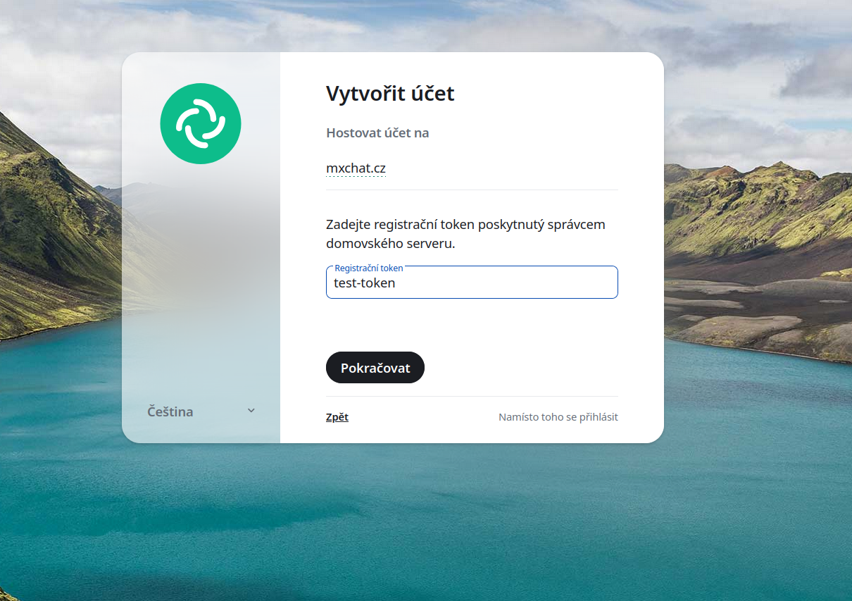 Pole pro zadání registračního tokenu