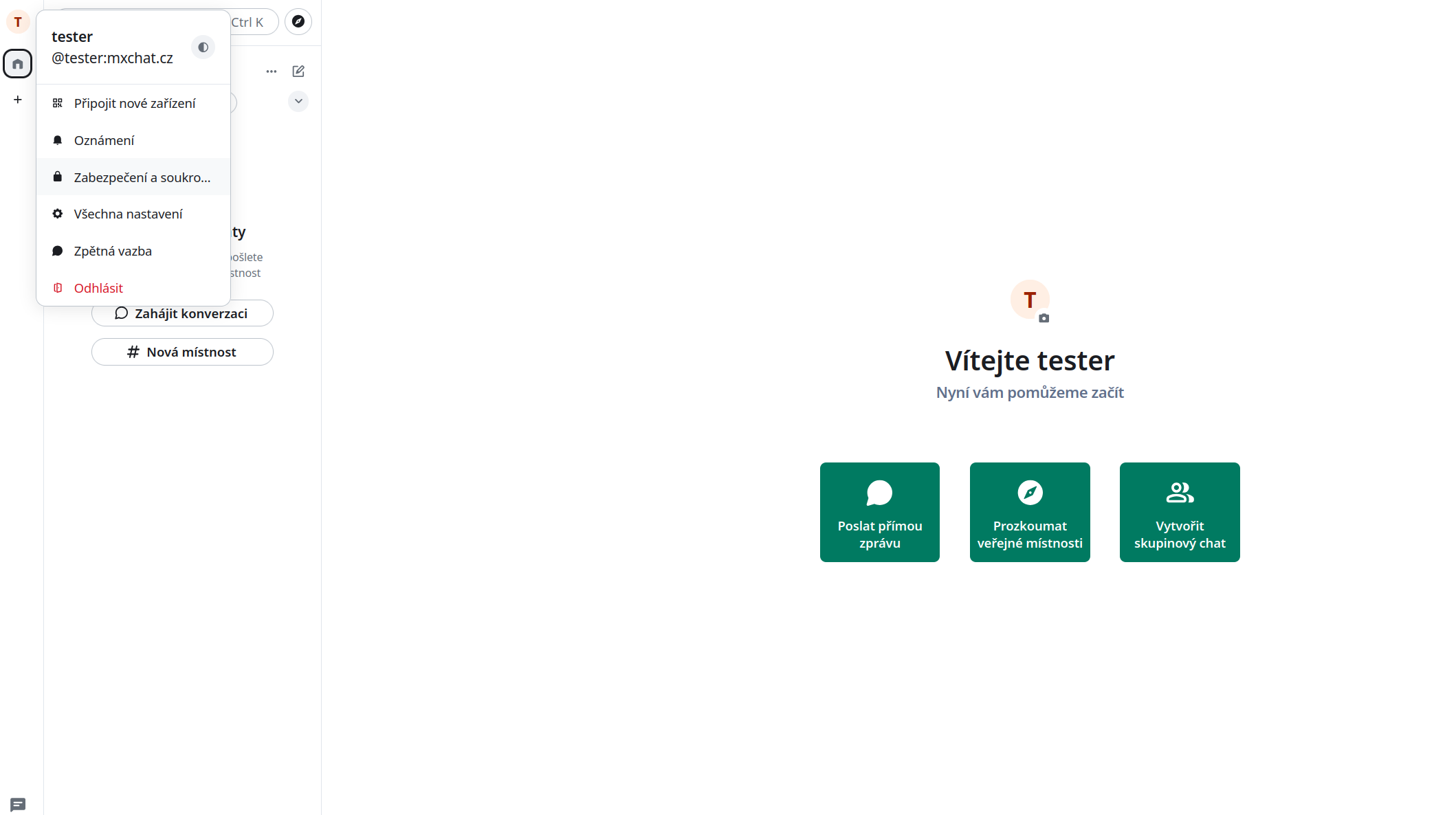 Úvodní obrazovka Element webu po přihlášení