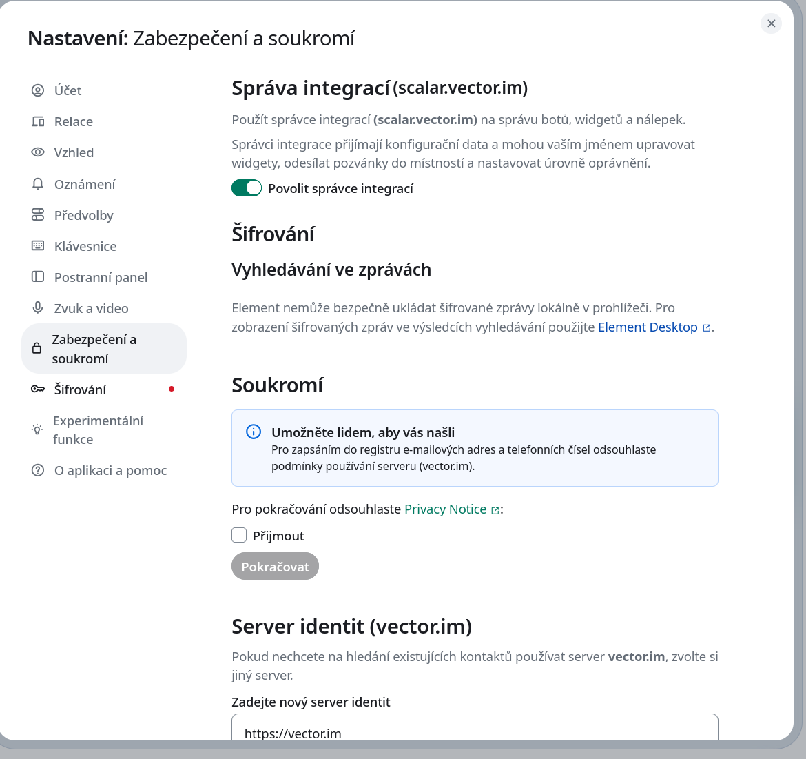 Nastavení Zabezpečení a soukromí