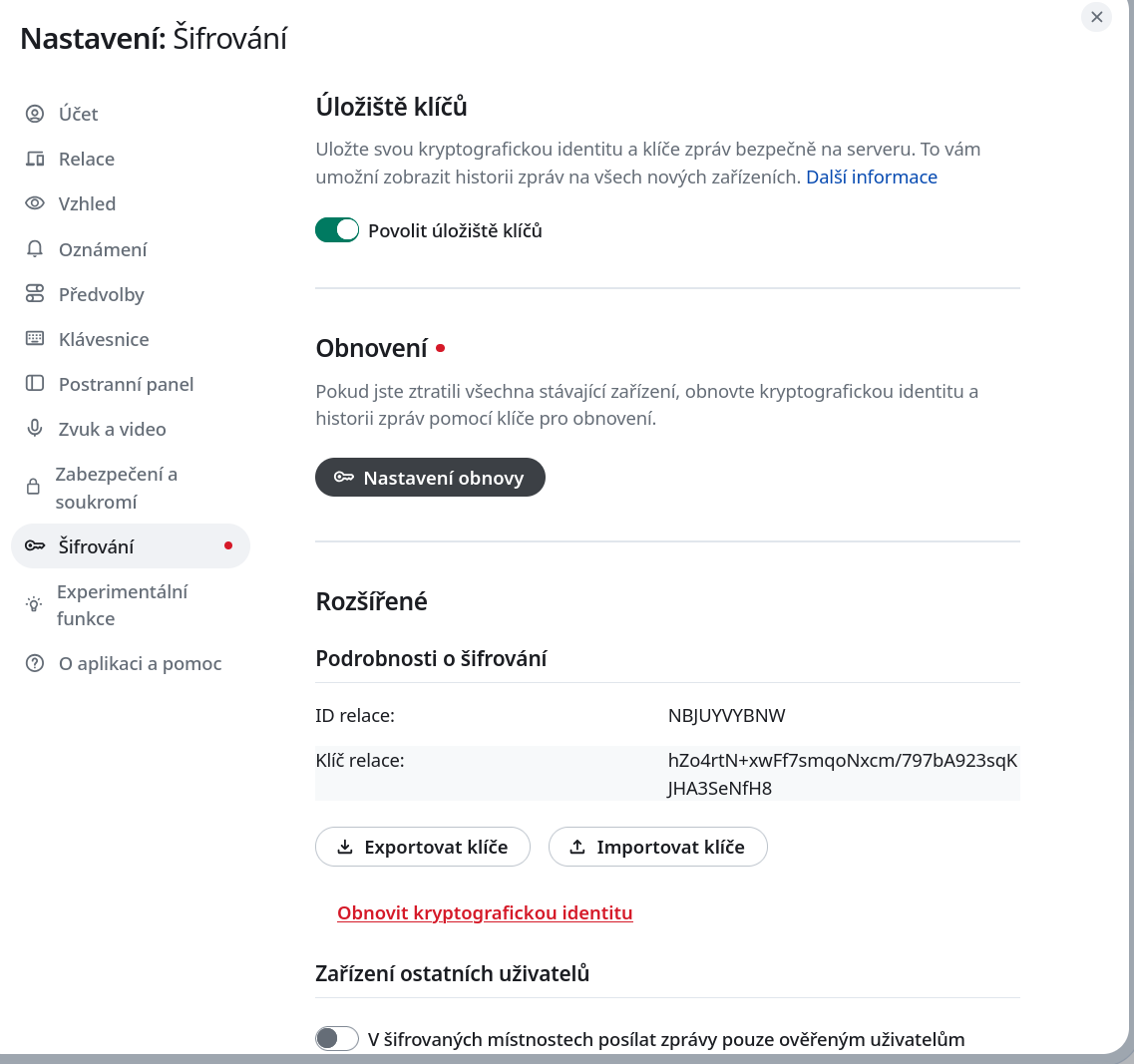 Sekce Šifrování s povoleným úložištěm klíčů