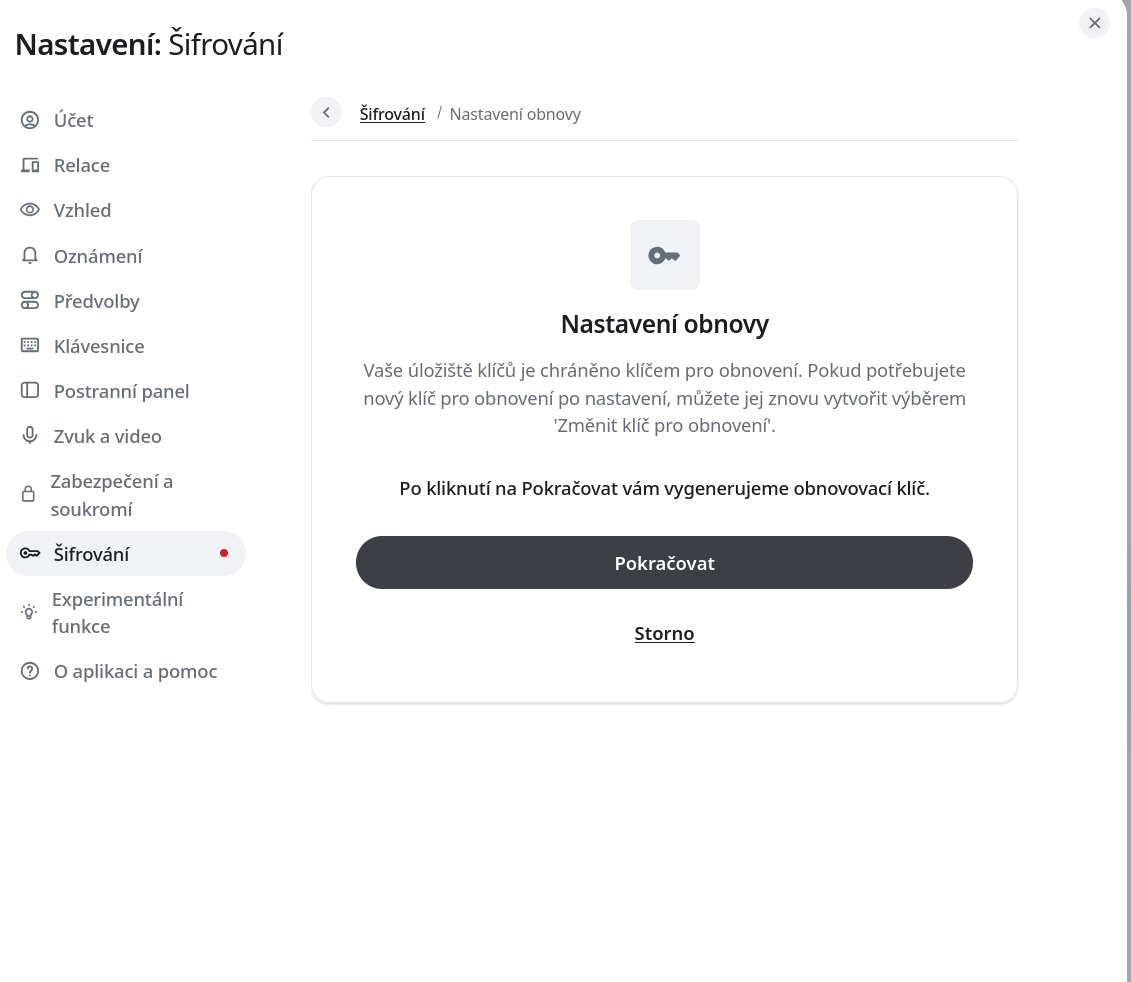 Dialog Nastavení obnovy